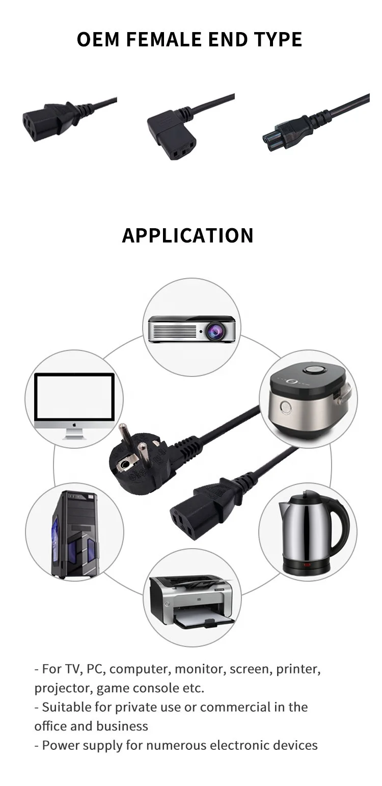 Vde Reach Standard European Iec C13 End Ac Power Extension Cable Eu