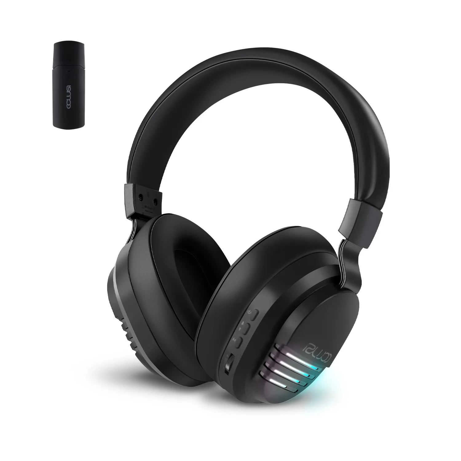 Close-up of memory foam ear cushions and adjustable headband on 2.4 GHz headset