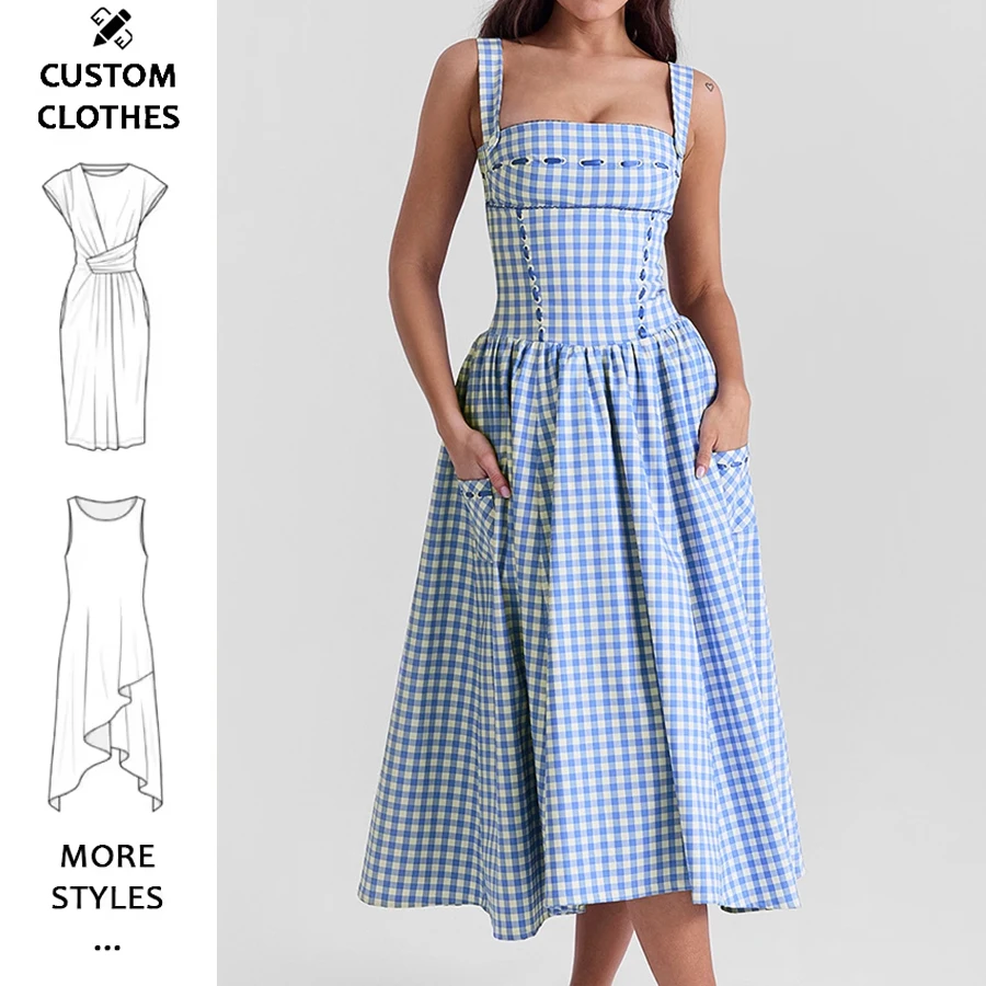 Custom Oem Casual Dresses China Wholesale Women's Clothing Elegant Casual Pocketed Sleeveless Plaid Midi Sundress