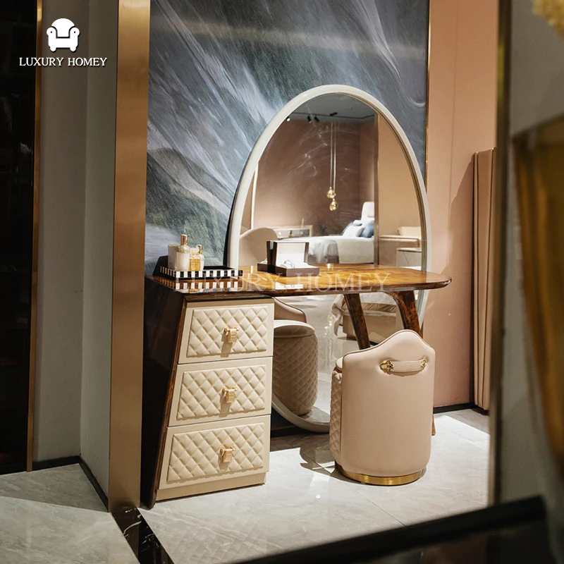 Latest Dressing Table Leather Design White Gold Wooden Dressing Table for  Bedroom Furniture Dresser for Bedroom With Big Mirror
