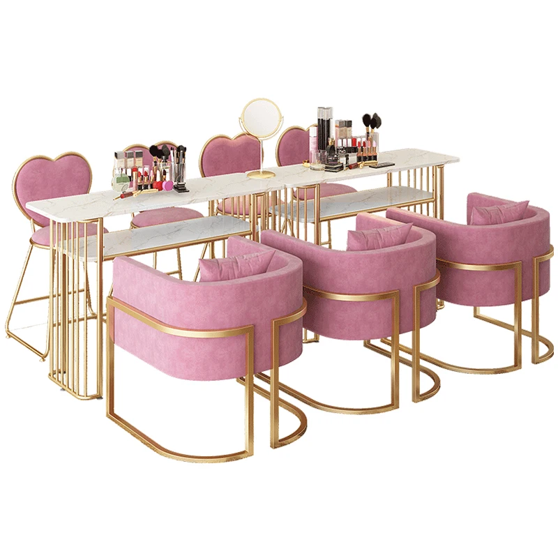 Modern Pink Beauty Salon Single Double Manicure Table And Chair Set
