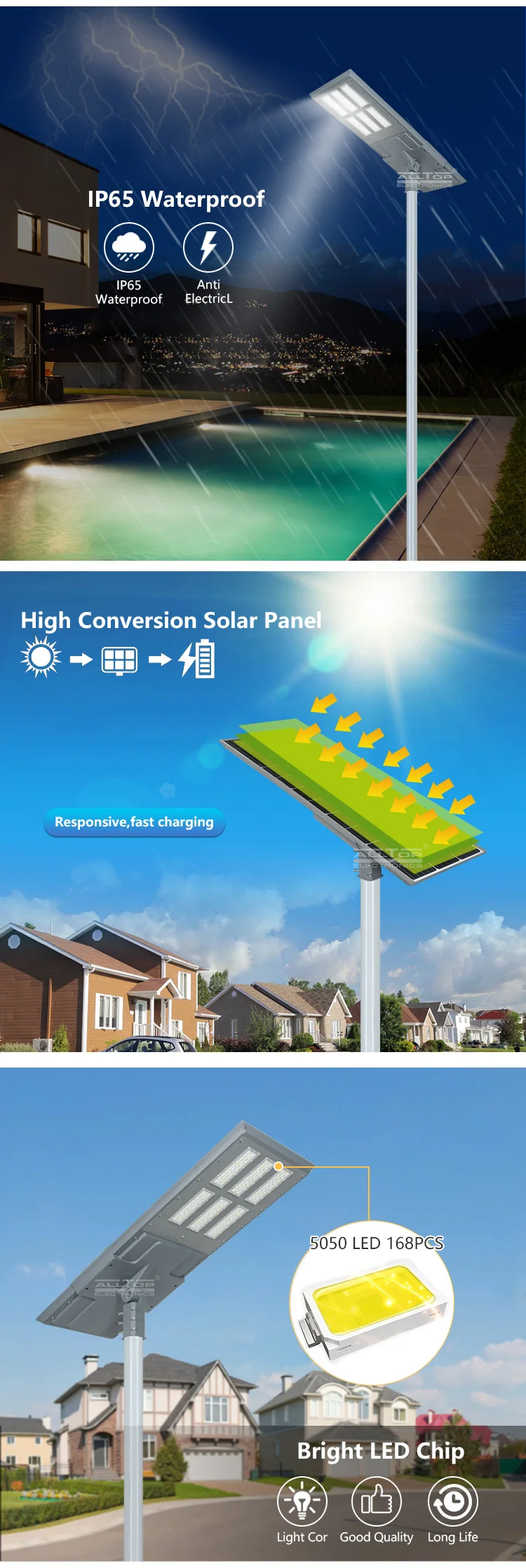 ALLTOP Ultra high quality outdoor waterproof aluminum housing ip65 smd 200w integrated all in one led solar street light