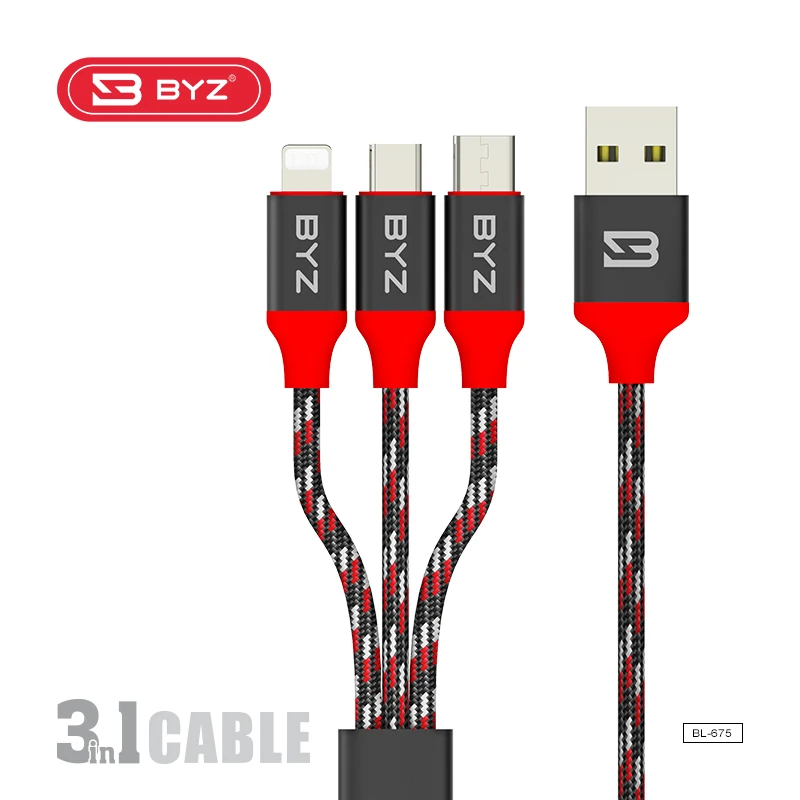 The best quality BYZ high speed nylon braid data cable 3 in 1 multiple function USB cable support for type-c iphone micro cable - ANKUX.COM