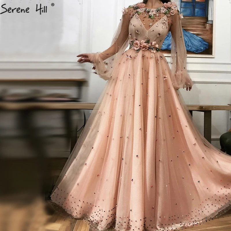 peach color gown with sleeves