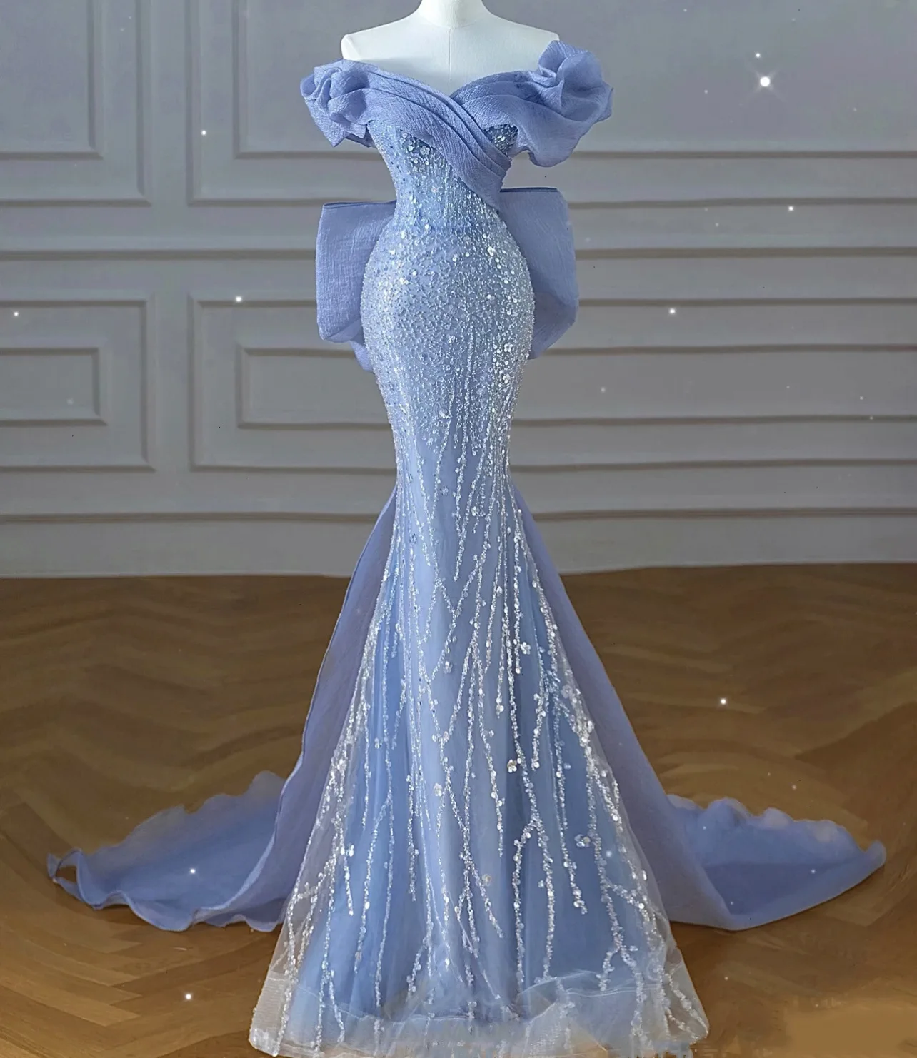 ladies light blue dress Luxury Women Light Blue Banquet Dress Wear Fishtail Dresses Mermaid Beading  Skinny Party Evening Dresses
