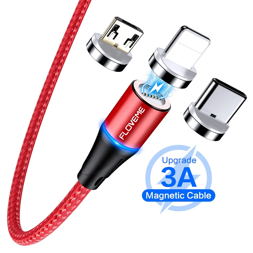 Free Shipping 1 Sample OK  Wholesale FLOVEME 3A Magnet Phone Charger 1M Nylon Led Magnetic Fast Charging Data Cable Micro Usb