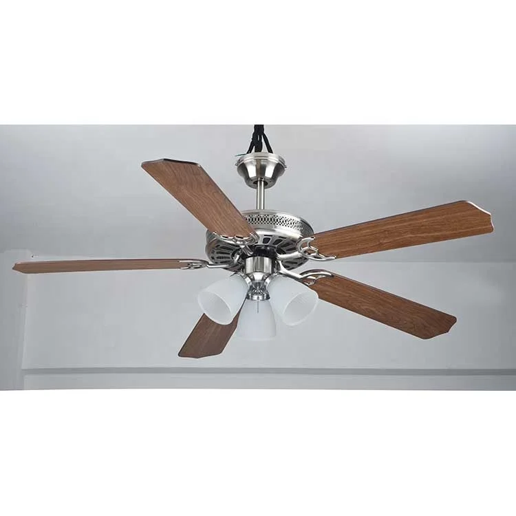 
52 inch European Air Cooler House Decorative Brushed Nickel Ceiling Fan Lights, 5 Plywood Blades, include Pull Chain Control 