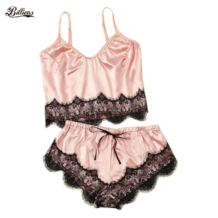 Hot Sexy Erotic Lace Trim Satin Cami Pajamas With Shorts Lingerie Set