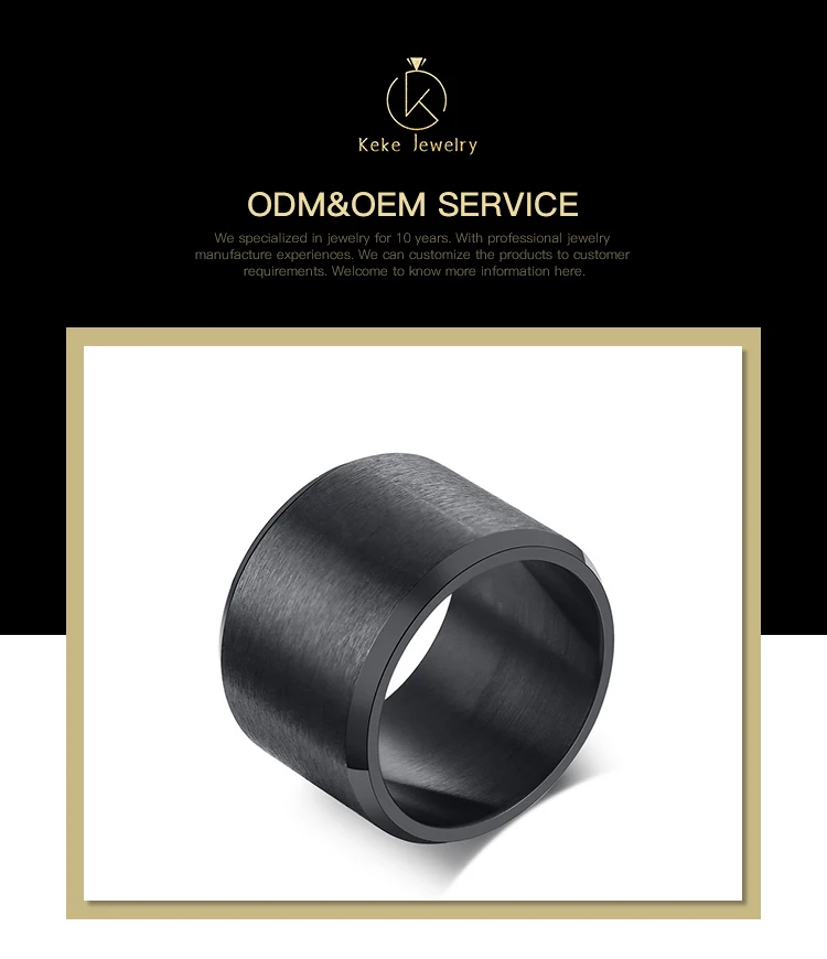 Foshan Keke Jewelry customizable Men's Black 15MM Brushed Stainless Steel Ring R-425B