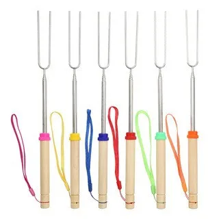 BBQ Festival Korean Outdoor Stainless Steel Polished Telescopic Barbecue Fork U-Shaped Wooden Handle Stick Skewers Portable factory