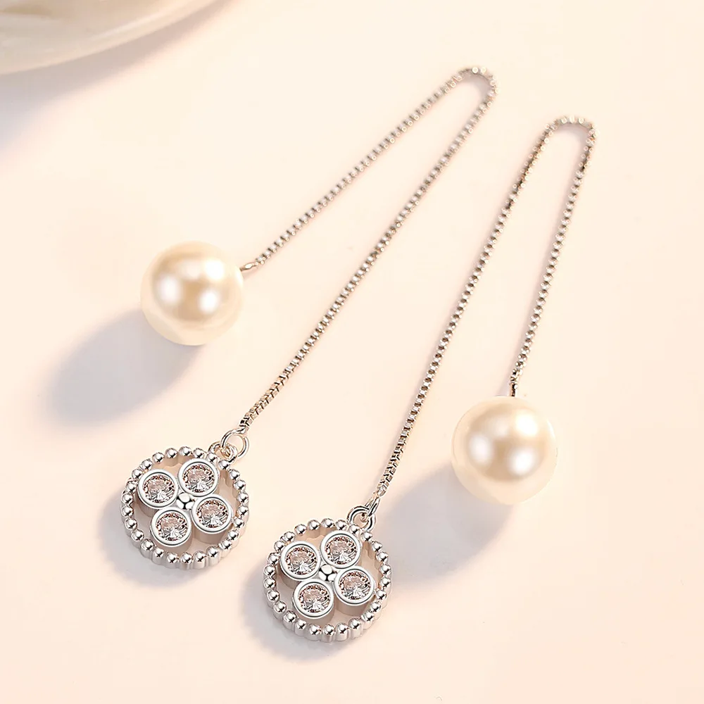 时尚风格长耳线锆石珍珠吊式耳环双面长挂珍珠吊坠耳环925银饰品