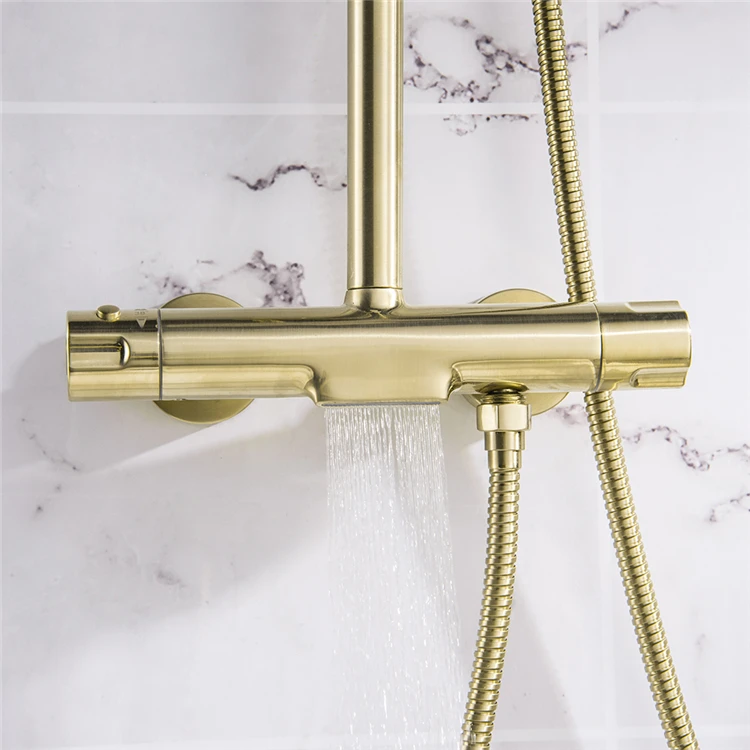 Wall Mounted Bathroom Bath Brushed Gold Shower Mixer Thermostatic Rain Shower Faucet Set