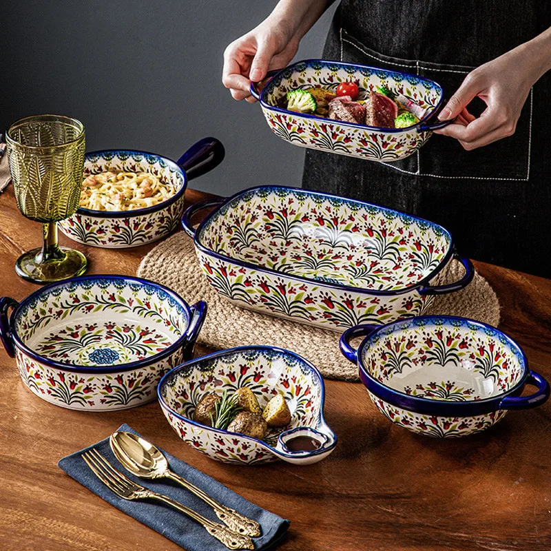 Ceramic Bakeware Polish Style Baking Brownie Cake Pan with Handle Ceramic Dinnerware Home Kitchen Utensils supplier