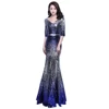 A2022 Mature Women V Neck Sleeveless Sky Blue Embroidery Flower Fish Cut Evening Dress