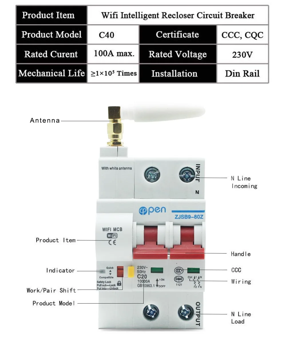 2p Wifi automatic remote control mcb Smart circuit breaker with antenna signal better with overload and short circuit breaker