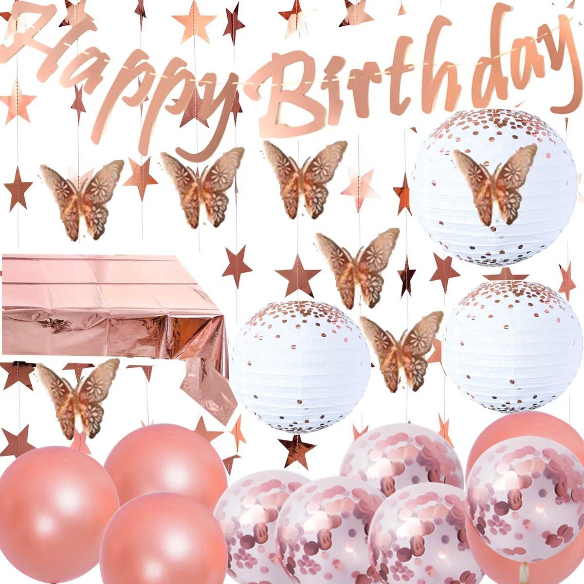 Banderole D Anniversaire En Papier Lanternes Papillon Etoile Ballons Couverture De Table Ensemble De Decoration Joyeux Anniversaire Rose Or Buy Kit De Decorations De Fete D Anniversaire En Or Rose Fournitures De Fete D Anniversaire Ballons D