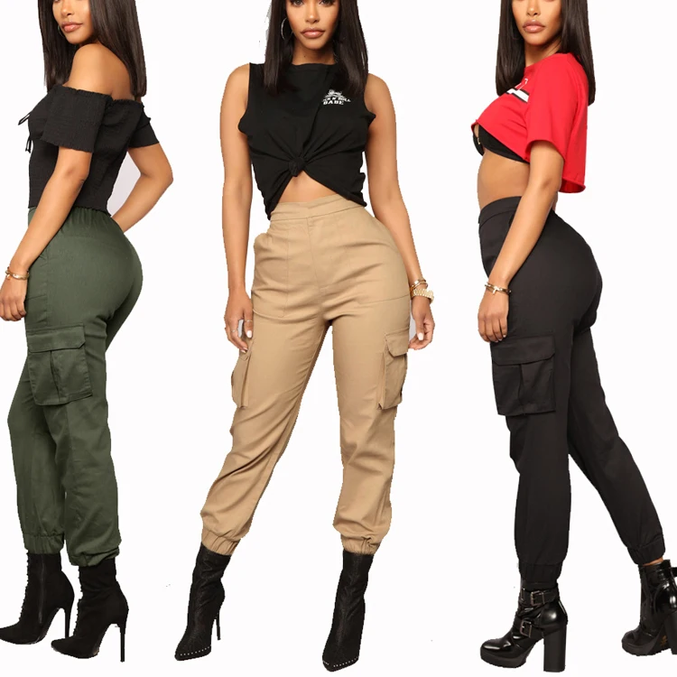 Ladies Casual Stretch Elastic Bottom Cargo Pants Spring Autumn Colorful