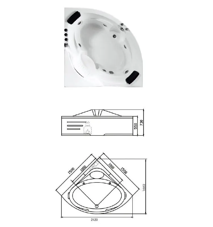 Kamali M3015 cupc 2 person spa triangle bathtub liner safe fiberglass water massage jet soaking whirlpool