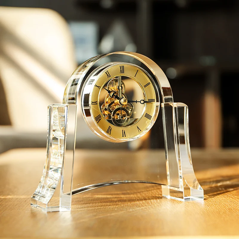 product small bridge various custom logo engraved mechanical crystal desk clock novelty scandinavian style standing skeleton table clock-35