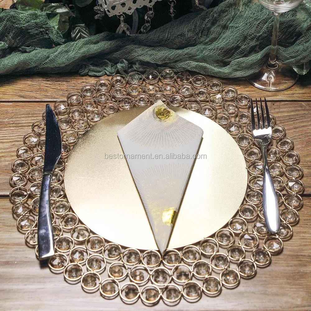 14" Wired Beaded Metal Charger Plate With 118 Acrylic Crystal Beads For Weddings Events