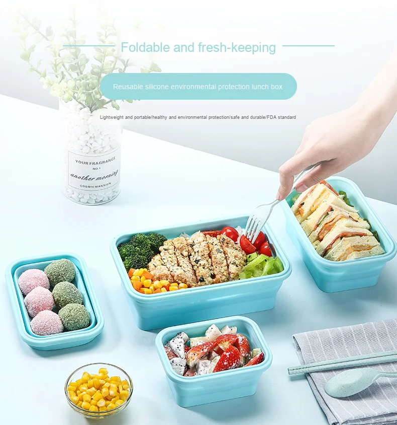 批发可折叠硅胶饭盒便携式保鲜微波炉安全塑料冰箱方形食品容器
