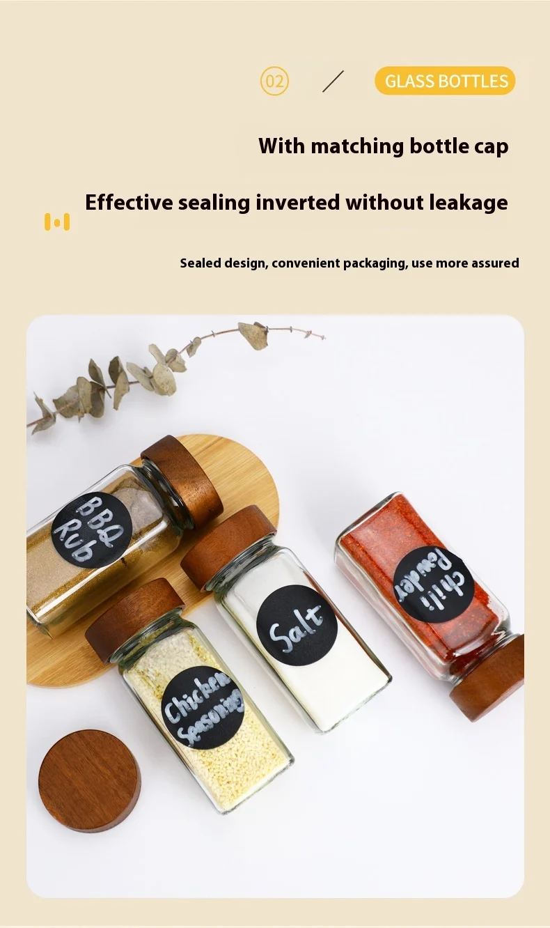 product glass spice jar 120ml bamboo and wood lid seasoning bottles 4oz square vanilla spice jars set-1