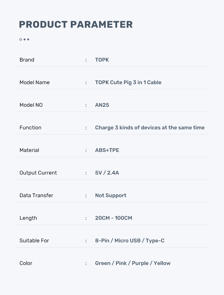 TOPK AN25 Cute Pig 1M 2.4A Micro USB Type C 3 in 1 USB Cable - ANKUX.COM