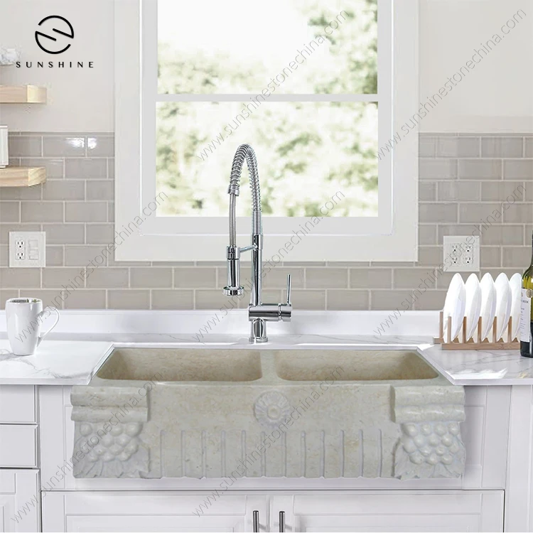 Genuine Egypt Galala Marble Stone Under Mounted Apron Kitchen Farmhouse Sink