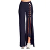 B61217A European and American sexy pure color metal jewelry patchwork split wide leg pants