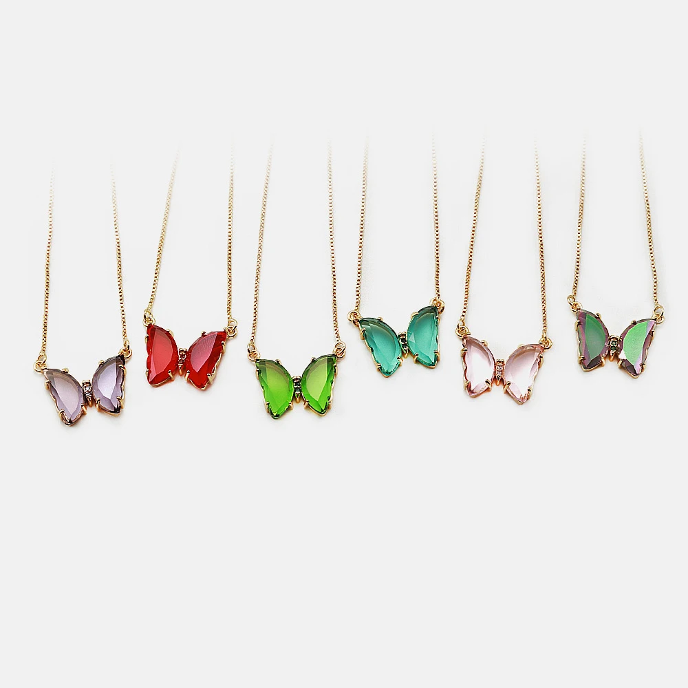 
Women Jewelry Gold Plated Copper Glass Pendant Butterfly Necklace 