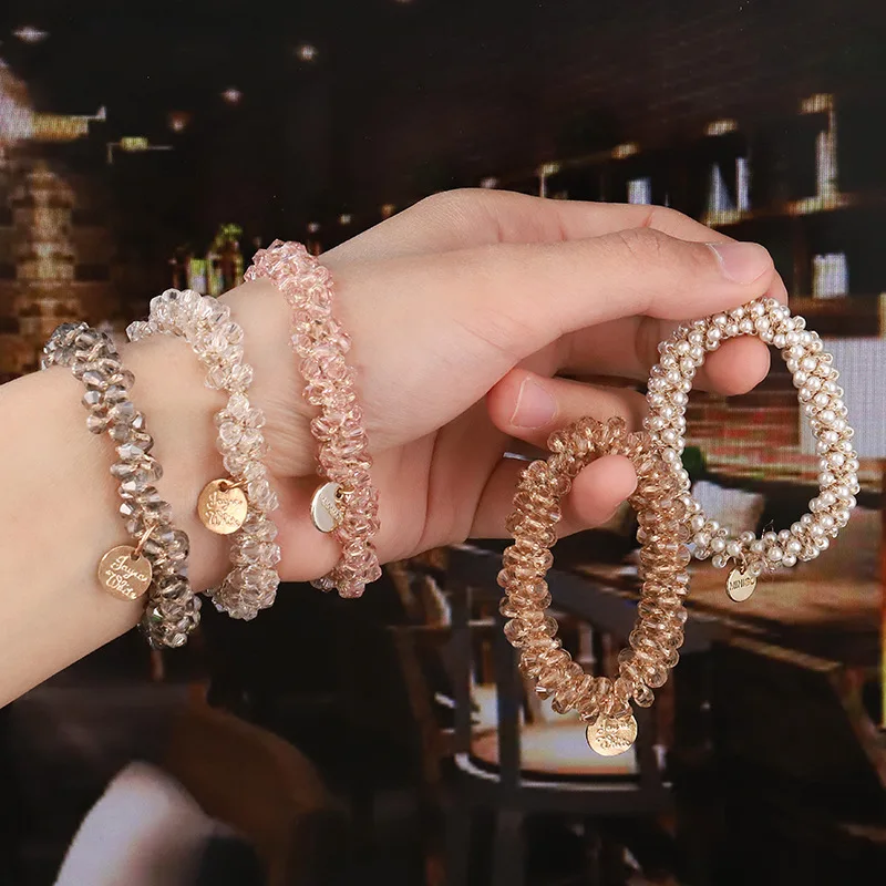 Yucat Wholesale Women Elastic Rope Rhinestone Hair Scrunchies Accessories Ponytail Holders Classic Pearl Scrunchies Hair Tie.jpg