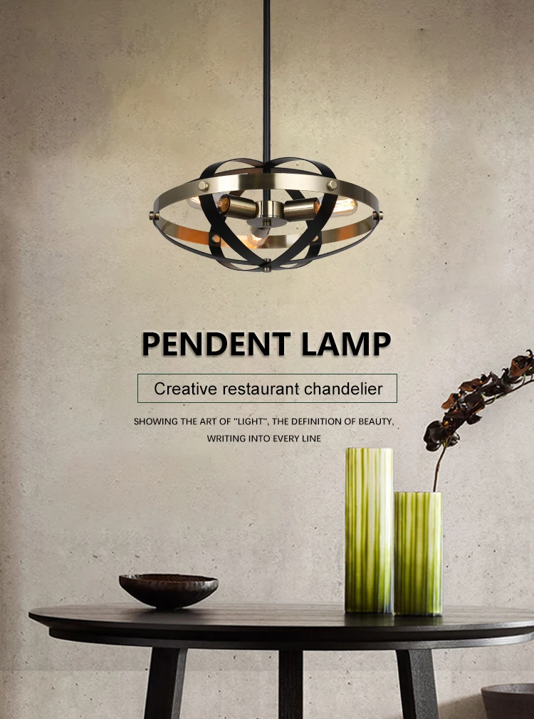 Post modern designer home hanging 3 head black antique brass color iron led pendant light