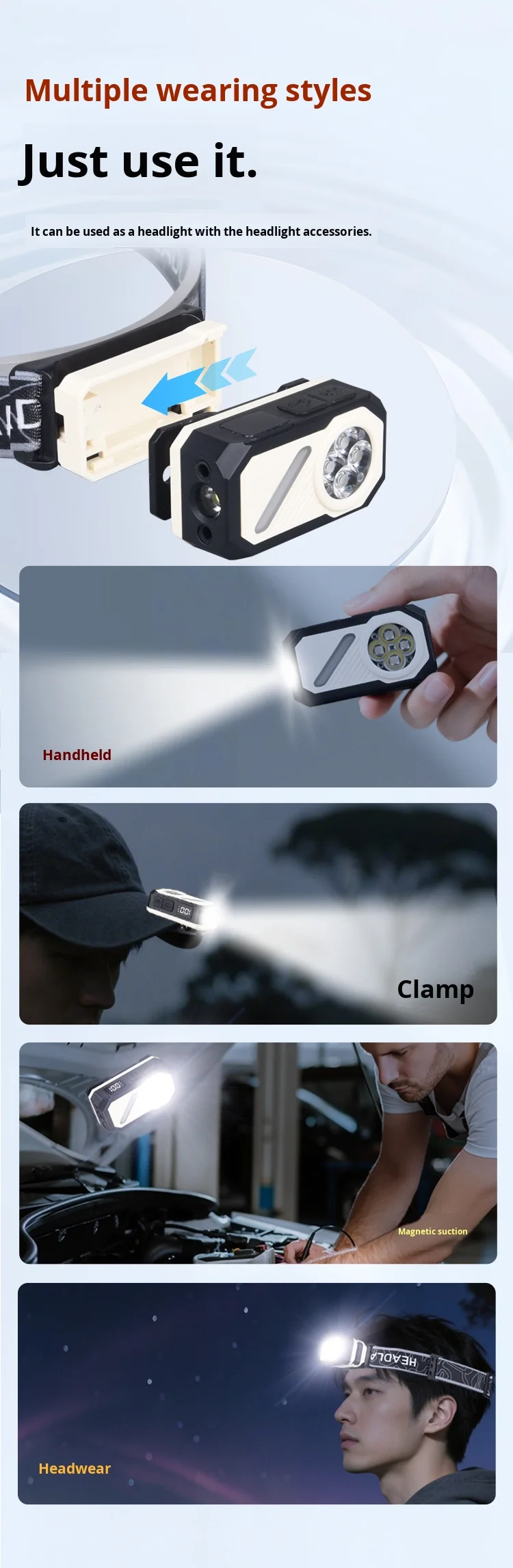 多功能EDC灯，带电子显示屏七色背光强磁铁可拆卸头戴式手电筒帽夹