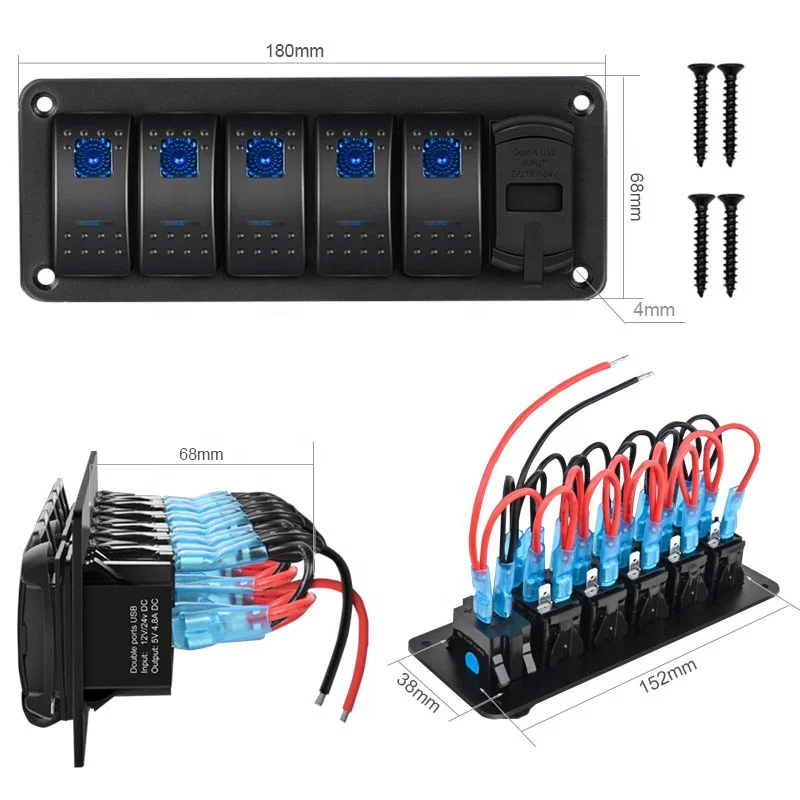 5 Gang Aluminum Panel Rocker Switch with Dual USB Chargers