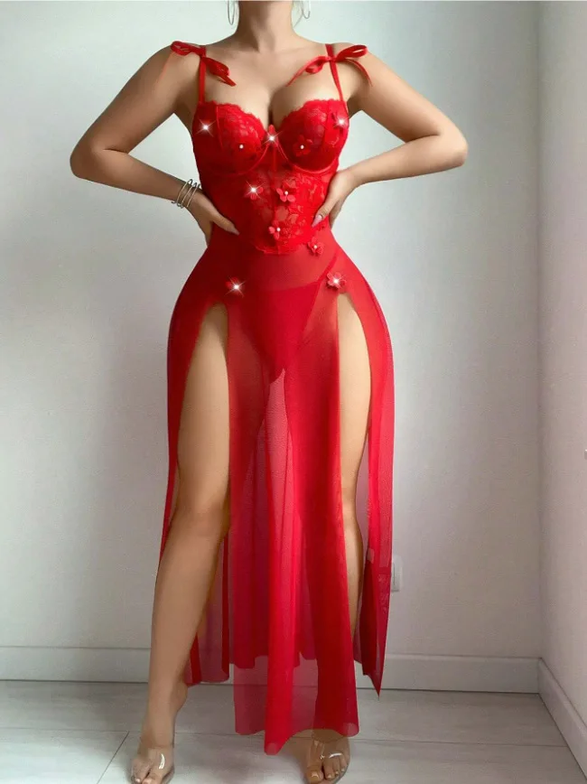 European American Sexy Red Floral Strap Mesh Long Dress Gown See-Through Lingerie Polyester Dobby