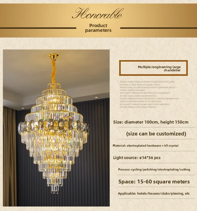 product luxury gold crystal chandelier pendant light for hotel villa living room stairs adjustable height iron ceiling installation-9