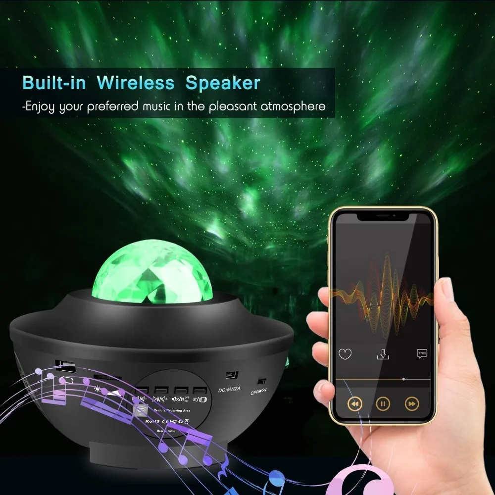 LED Star Projector Night Lamp Galaxy Starry Night Light, Ocean Wave Projector With Music Sterren Speaker Remote Control