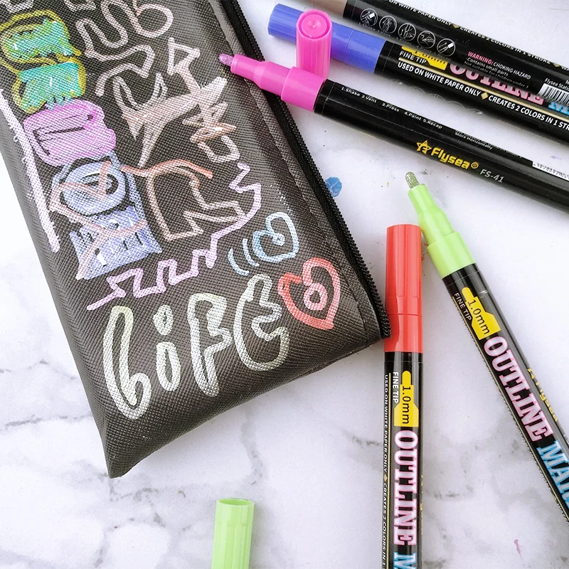 双线轮廓笔自我轮廓金属标记18色bullet journal笔闪光笔制作