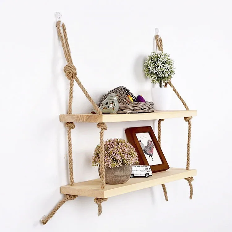Hemp Rope Floating Shelf Solid Wood Macrame Wall Hanging Shelf Display