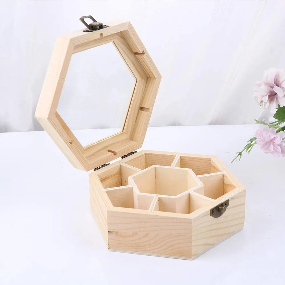 Diy Wooden Jewelry Box Hexagon Trinket Keepsake Storage Organizer 7