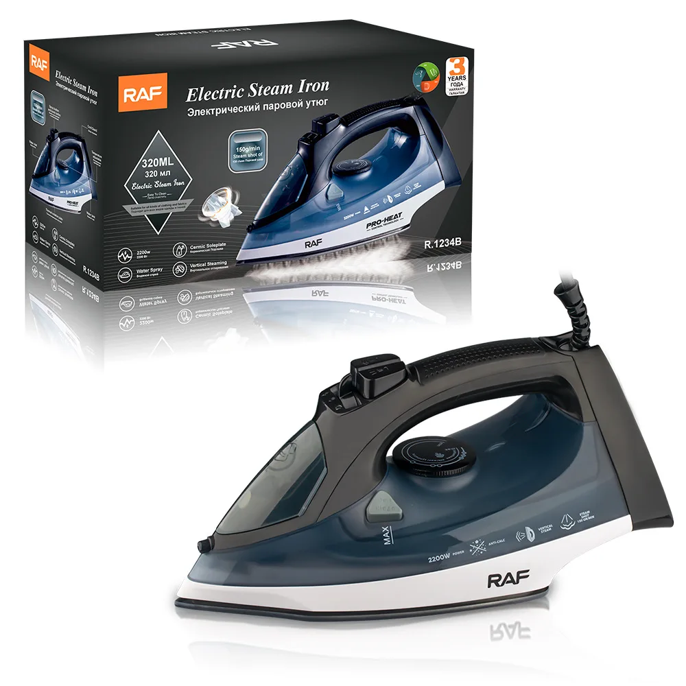 RAF European American 2200W Ceramic Steam Iron Burst Steam 150ml Water Tank 1.4m Cord-Hand-Held Hanging Wire Design for Wet/Dry