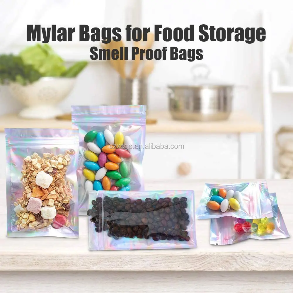 Golden Colourful Holographic Rainbow Mylar Foil Heatseal Ziplock Food Pouch Bags 