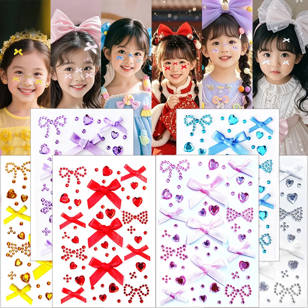 1sheet Pink Ribbon Bow+heart Rhinestone Stickers Kawaii Red Silk Ribbon ...
