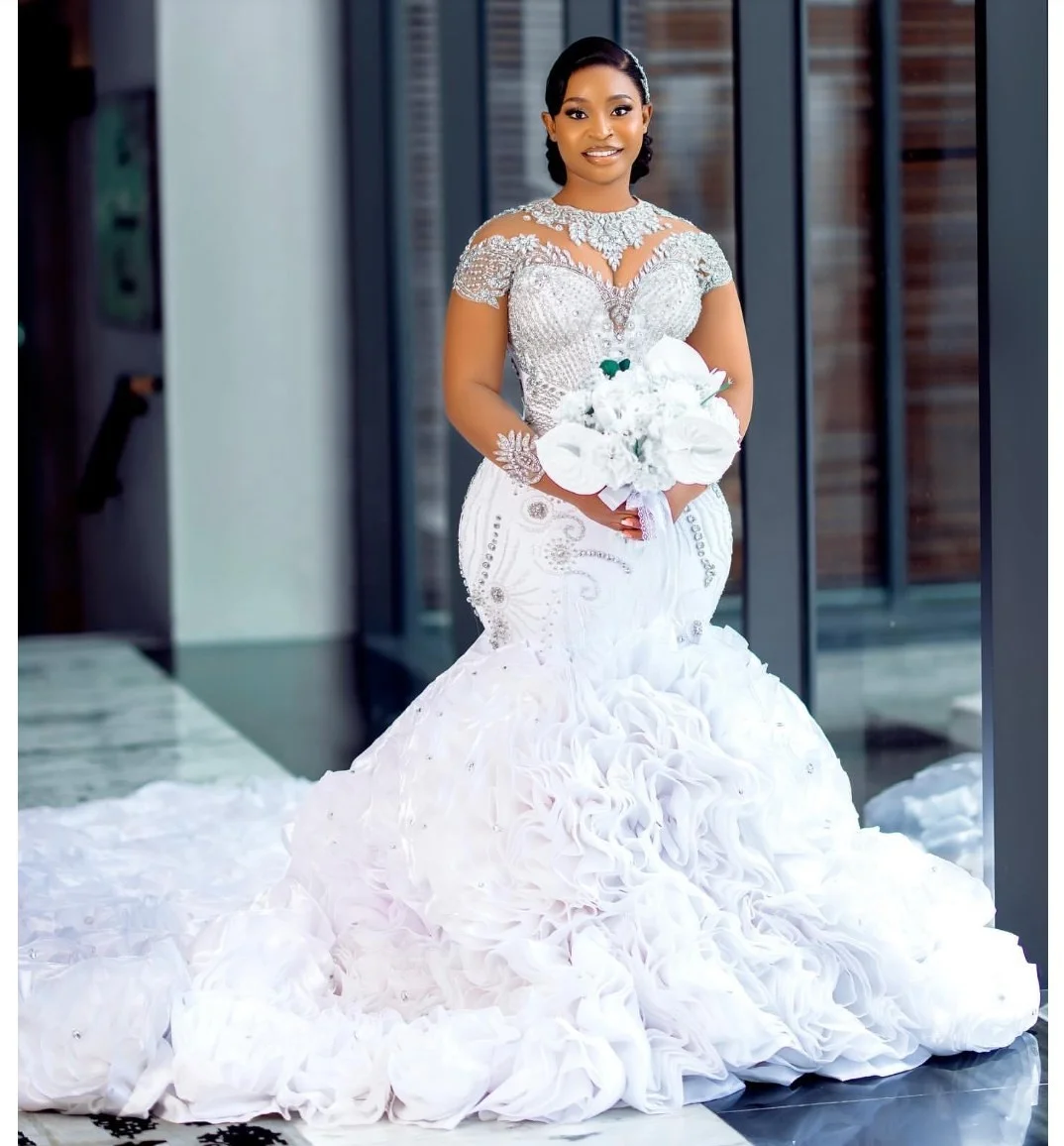 long sleeve beaded mermaid wedding dress Luxury African Mermaid Dry-cleaning Long Wedding Dress Plus Size Mermaid Wedding Dress us-2 When your bridesmaids are Color:Steel-Blue Modern Long Sleeves