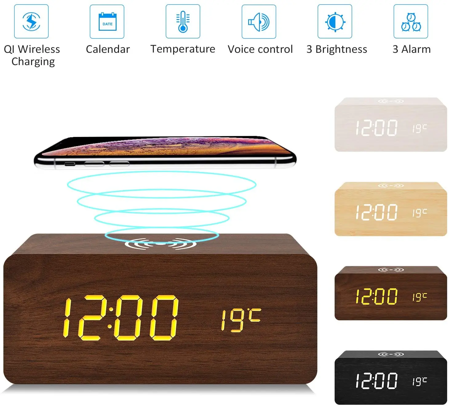 Voice Temperature Display Led Alarm Clock With Wireless Charging Clock