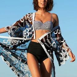 Made Embroidery Long Sleeve Swimsuit One Piece V Neck Wrap Black Print Beachwear Women Swim Cover Up