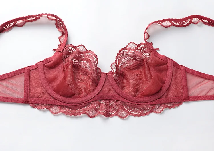 Women's Ultra-Thin Non-Sponge Transparent Lace Bra Set Floral Embroidered Sexy Underwear Large Chest Breathable Plain Dyed Waist