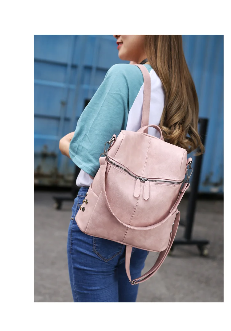 Vintage Casual Korean PU Leather Pink Ladies Travel Backpack Bag