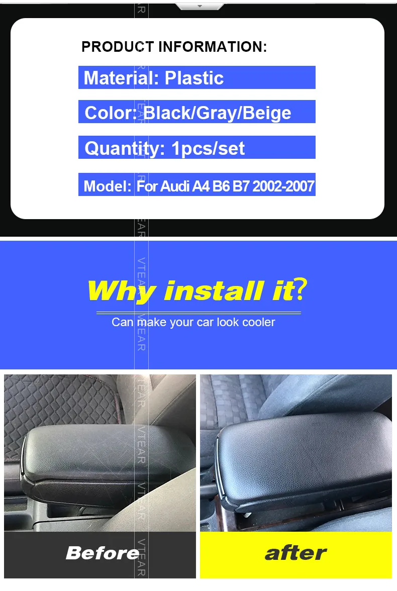 Car Armrest Cover Lid,Tickas 8E0864245E Black Cloth Center Console Armrest Cover Lid Replacement for Audi A4 B6 B7 2001-2008 4-Door 