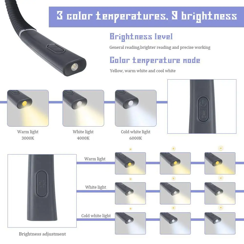 Night Reading Led Lighting Book Light Usb Charging Three Color Folding Dual Head Hanging Neck